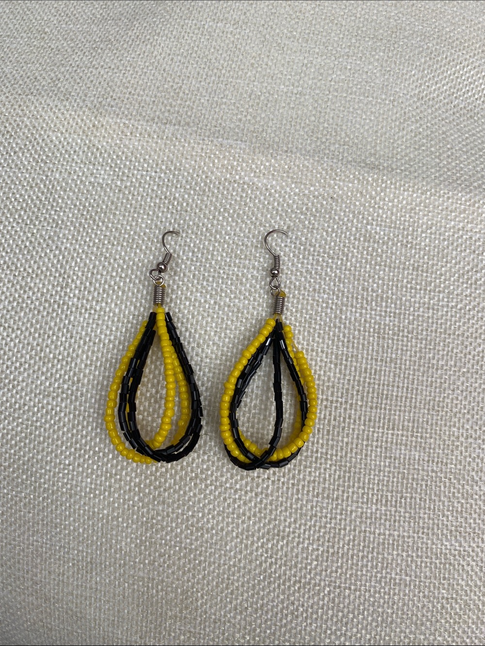 Yellow and Black Beaded Teardrop Earrings